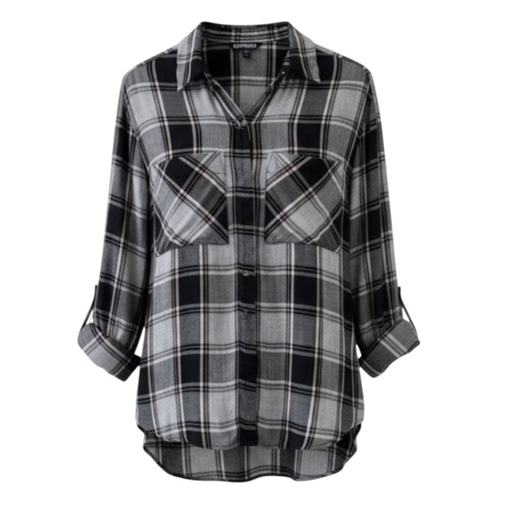 NEW Express Black, Pink and White Plaid Button Down Oversized Long Sleeve Shirt
